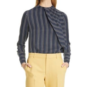 Club Monaco Stripe Asymmetrical Pleat Top in Navy Stripe Size Large NEW WITH TAG